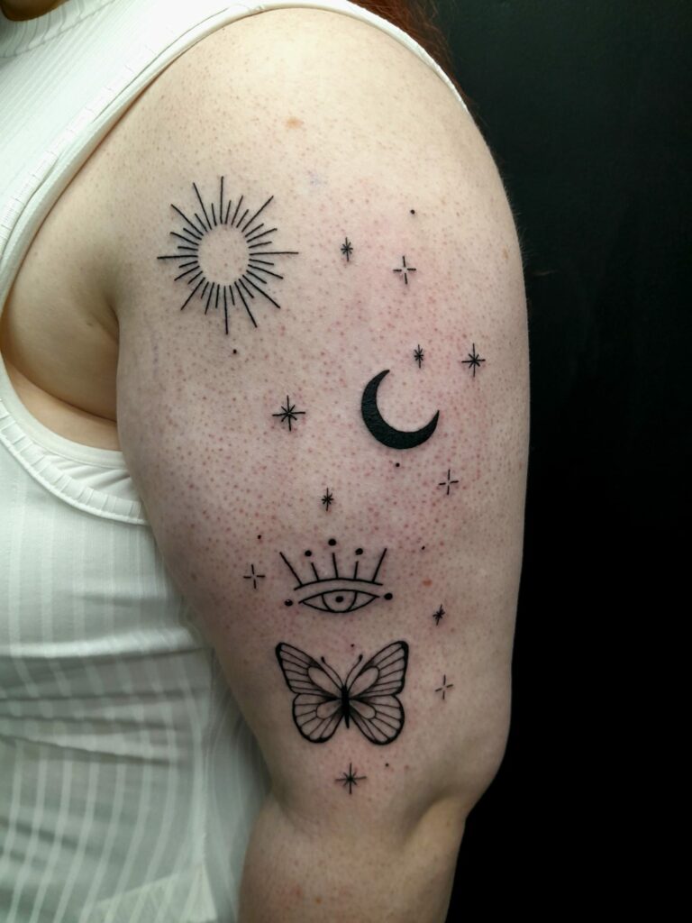 Butterflies Sun And Moon Shoulder Black And White Tattoo