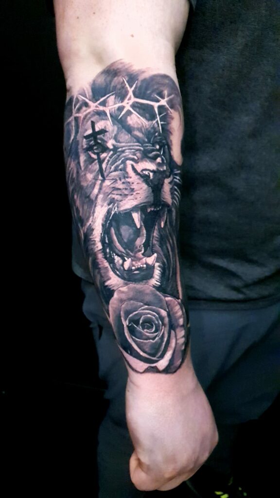 Lion Forearm Black And White Tattoo