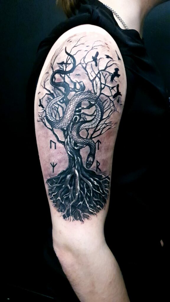 Snake And Tree Shoulder Black And White Tattoo